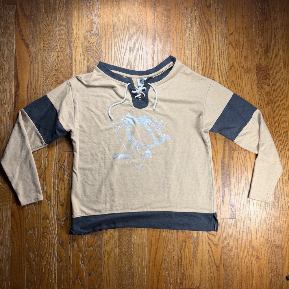 Official NHL Pittsburgh Penguins Lace Up Shirt Silver Foil Logo Yellow Large